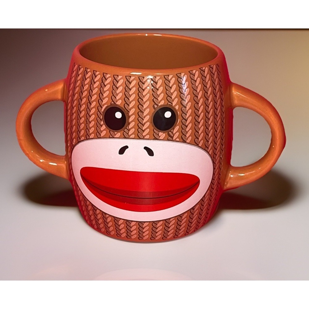 Sock Monkey Brown Ceramic Coffee Drinking Cup Mug 16 oz Double Handle By Galerie